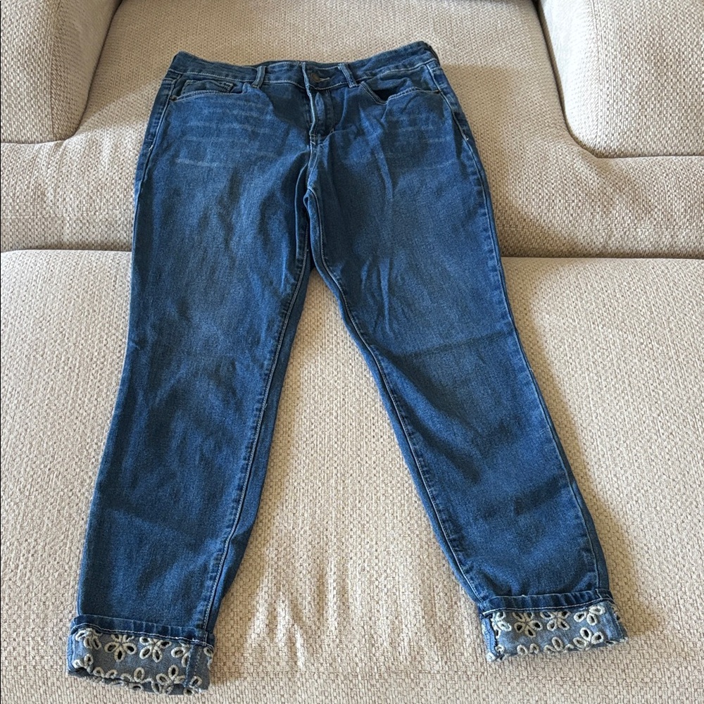 New York & Company Blue Cropped Jeans with Embroidered Cuffs